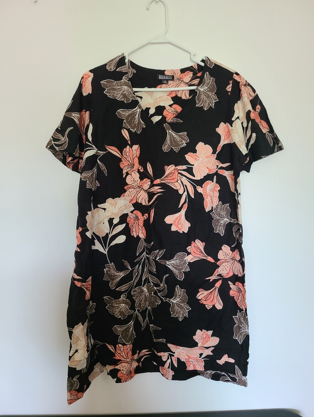 Nicole Miller Black Mini Dress with Coral and Cream Floral Print